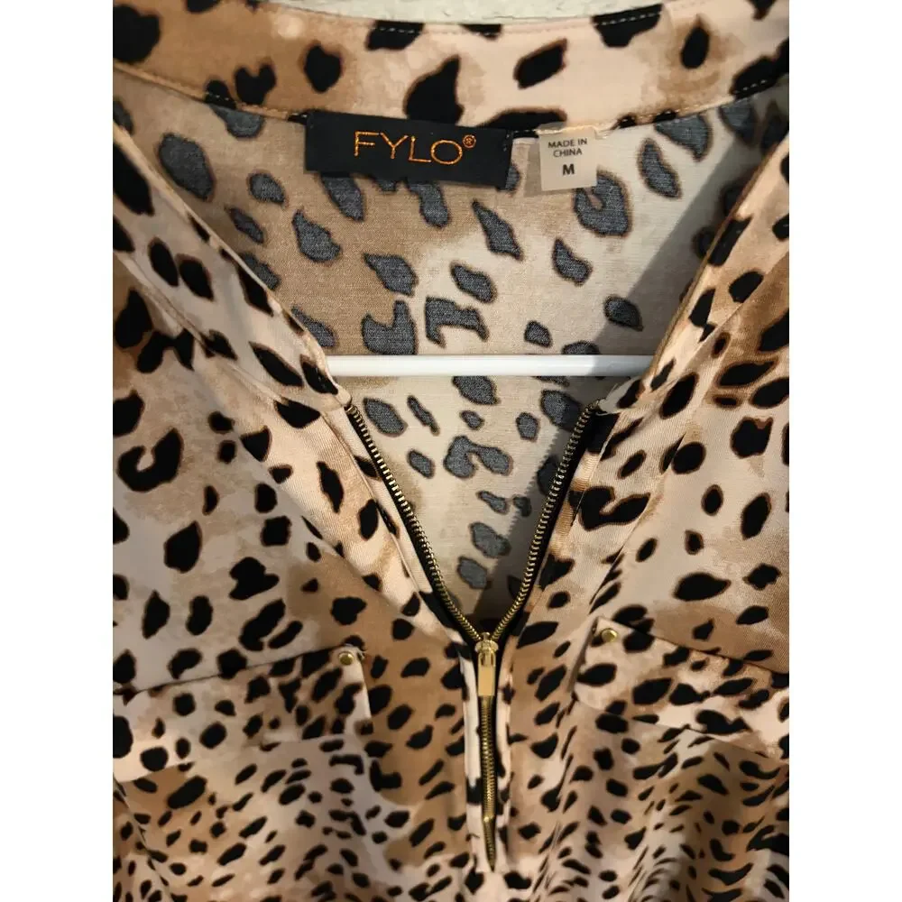 FYLO Leopard Print Zip Front Blouse Top Size Medium Animal Print 3/4 Sleeve - Picture 6 of 10